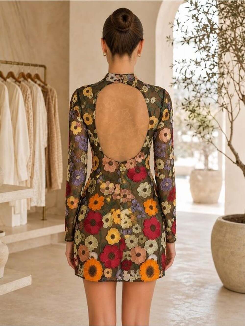 Mew Mews NWT Floral Embroidered Sheer Mesh Open Back Mini Dress - Picture 2 of 8